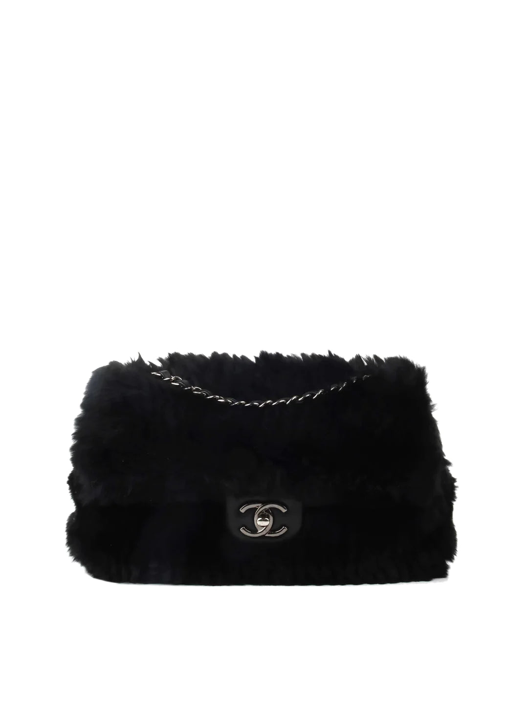 CHANEL Black Leather Orylag Fur Drawstring Bag - Bellisa