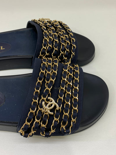 Chanel Navy Slides Gold Chains - Size 38