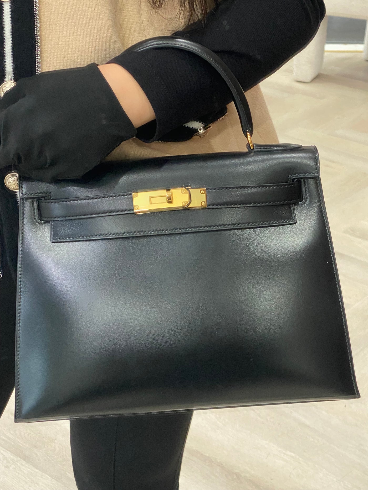 Hermes Kelly 28 Black Box Calf Sellier GHW Vintage