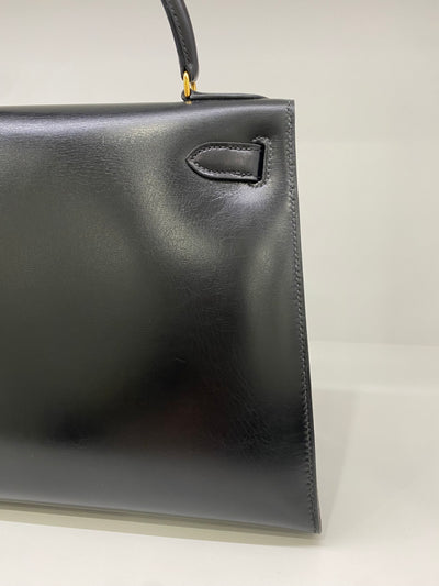 Hermes Kelly 28 Black Box Calf Sellier GHW Vintage