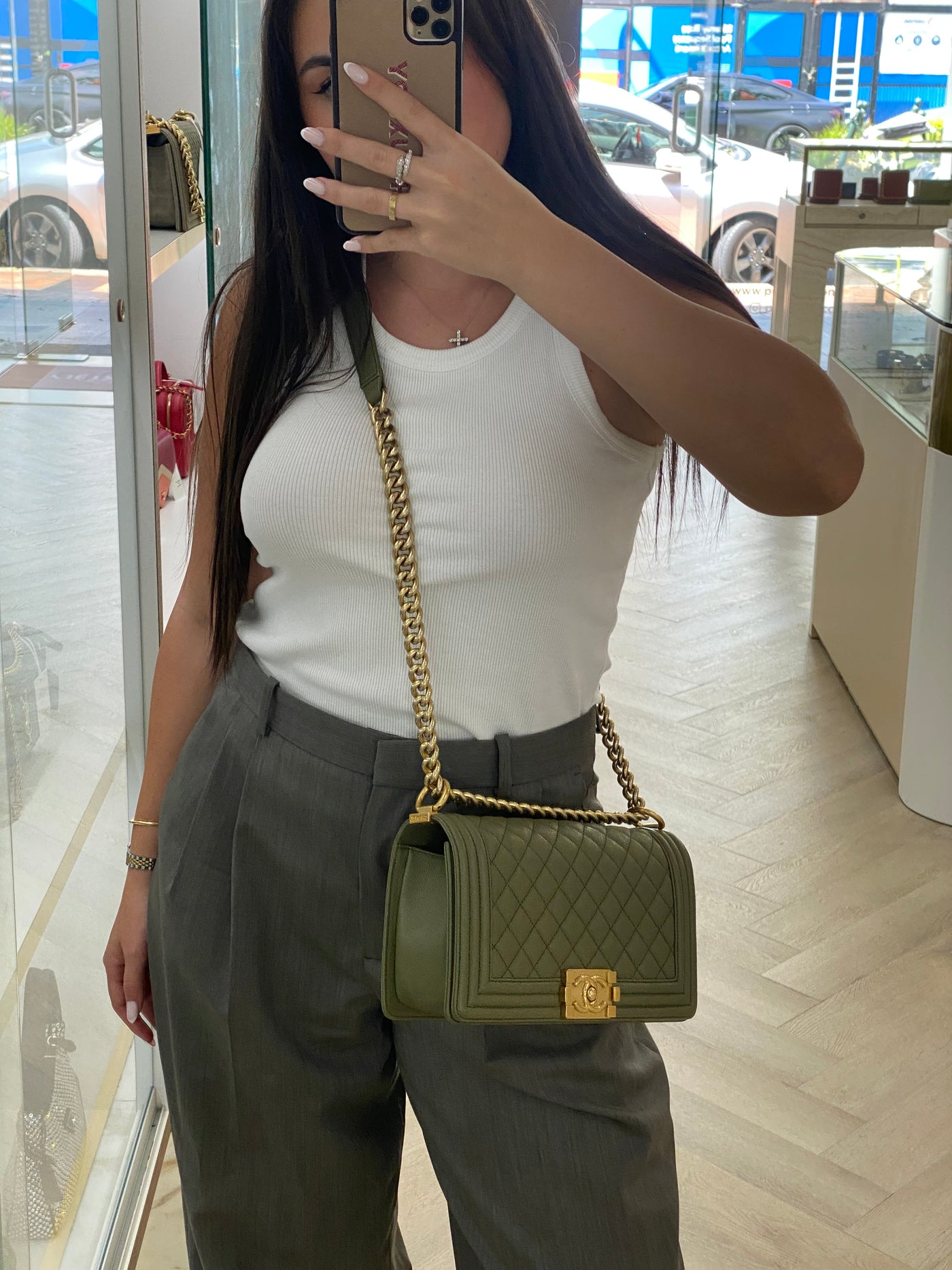 Chanel Boy Bag Olive Caviar Medium GHW