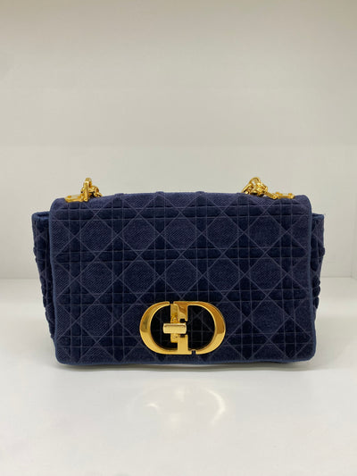 Christian Dior Caro Bag Medium Blue Velvet GHW