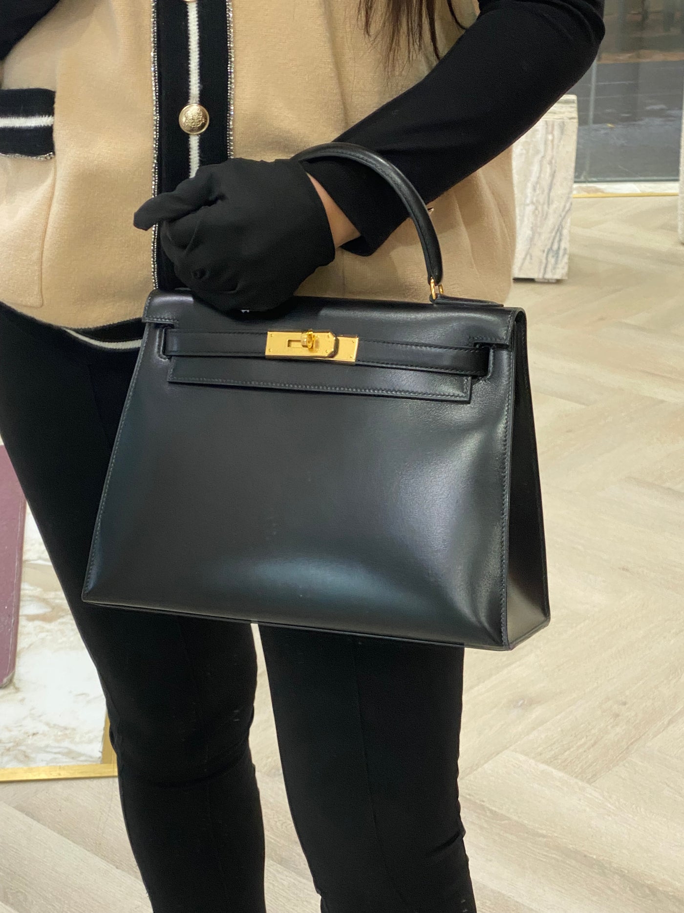 Hermes Kelly 28 Black Box Calf Sellier GHW Vintage