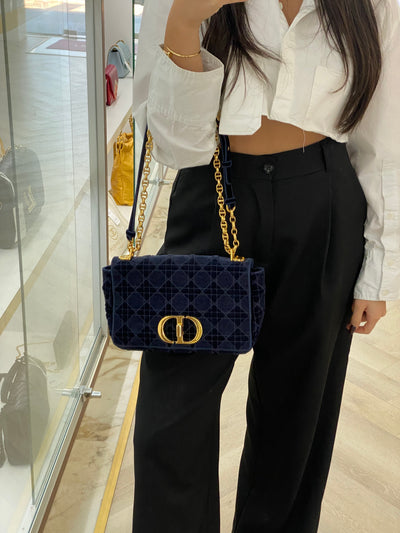 Christian Dior Caro Bag Medium Blue Velvet GHW