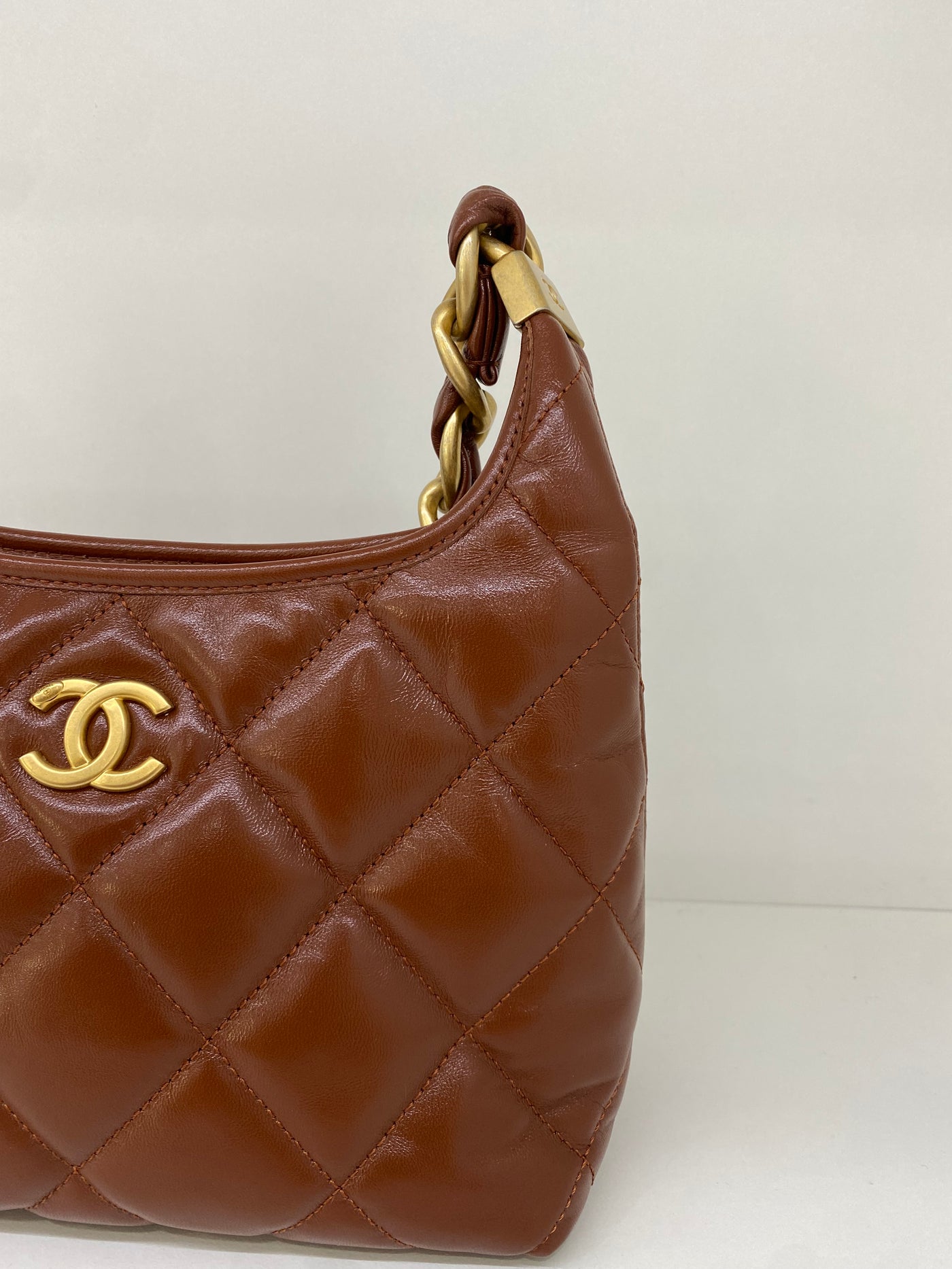 Chanel Mini Hobo Brown Shiny Calfskin GHW (microchipped)