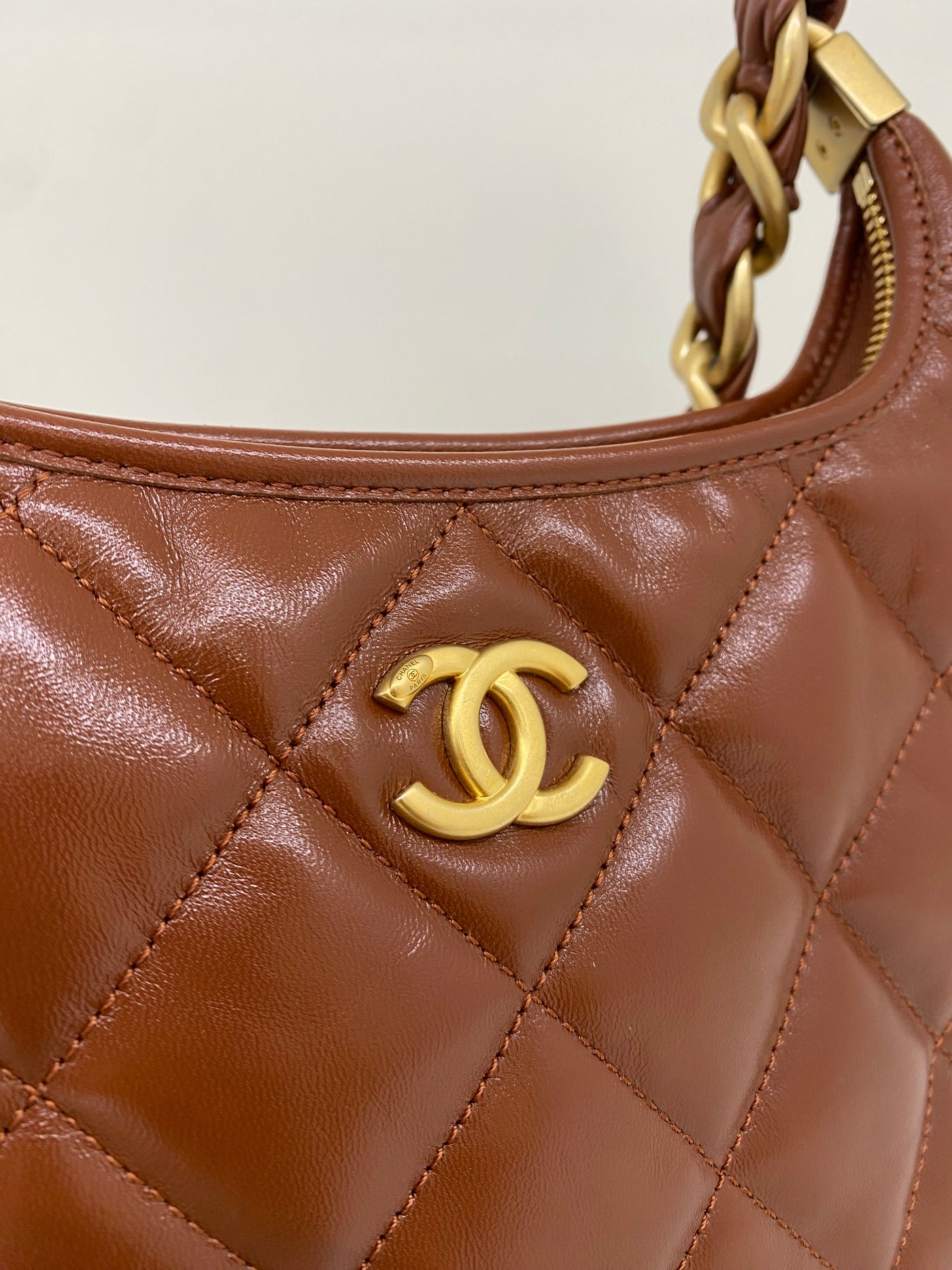 Chanel Mini Hobo Brown Shiny Calfskin GHW (microchipped)