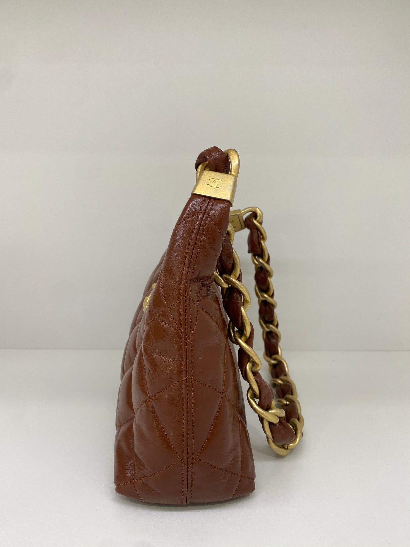 Chanel Mini Hobo Brown Shiny Calfskin GHW (microchipped)