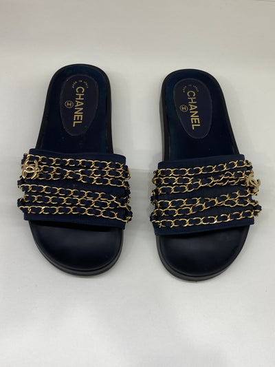 Chanel Navy Slides Gold Chains - Size 38