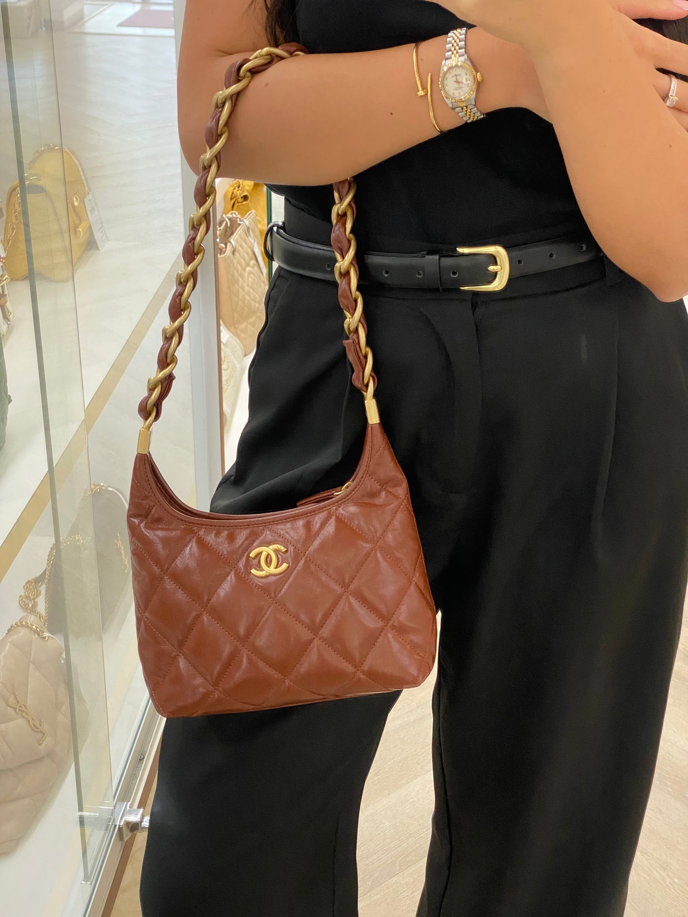 Chanel Mini Hobo Brown Shiny Calfskin GHW (microchipped)