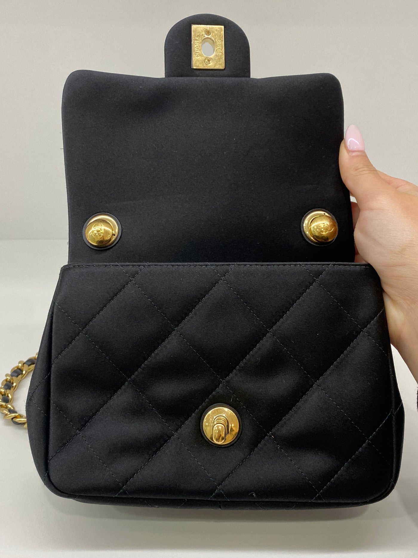 Chanel Classic Flap Square Mini Black Satin GHW