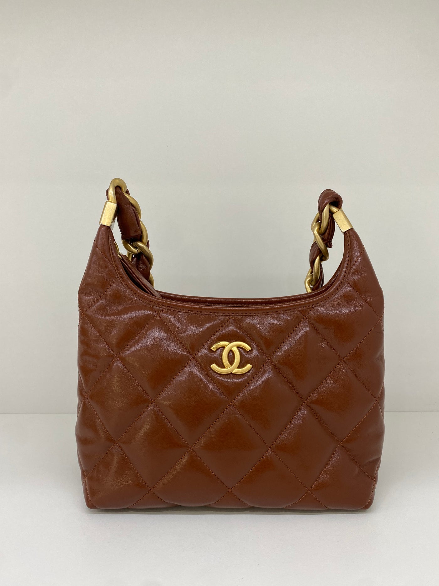 Chanel Mini Hobo Brown Shiny Calfskin GHW (microchipped)