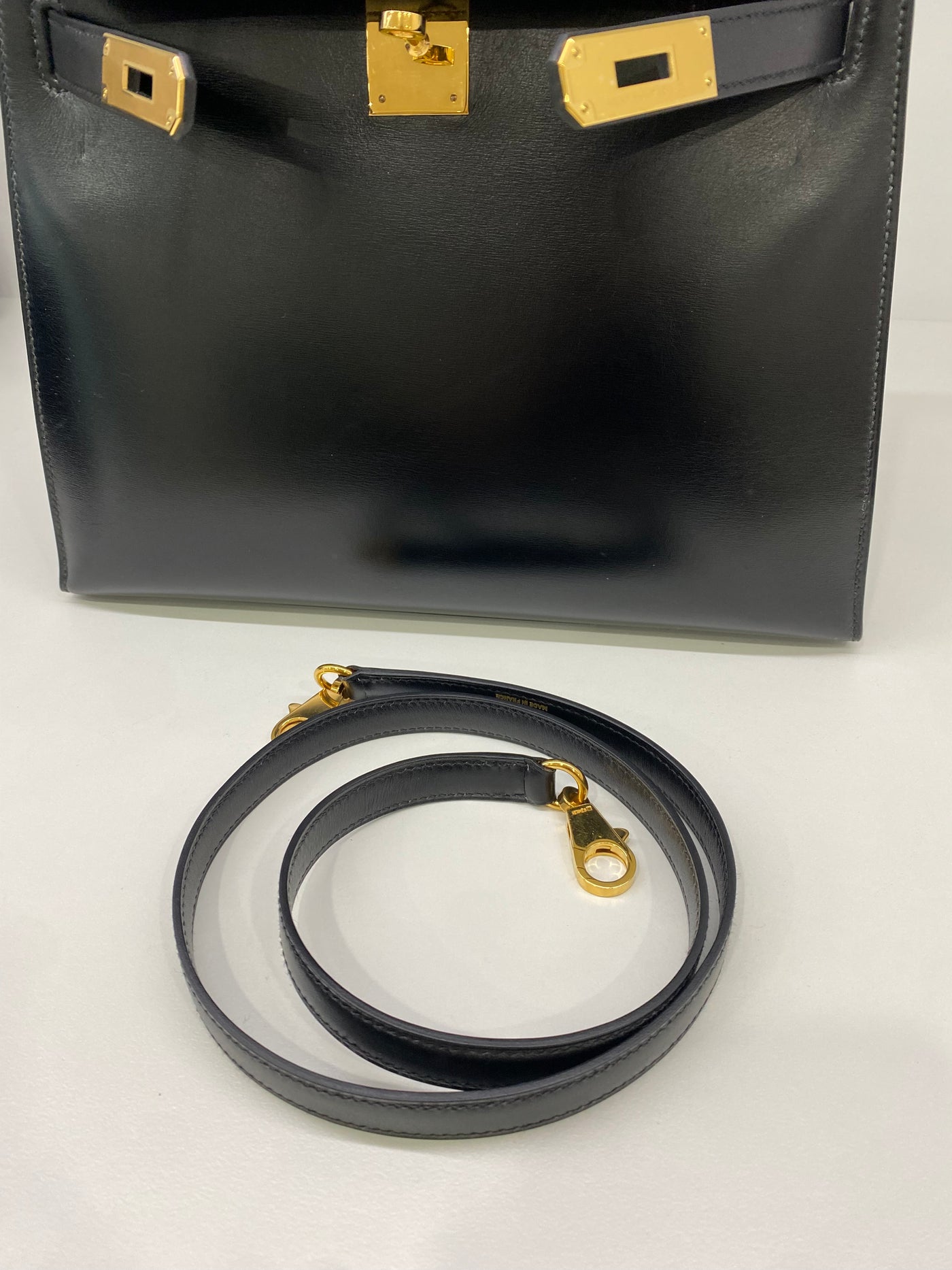 Hermes Kelly 28 Black Box Calf Sellier GHW Vintage