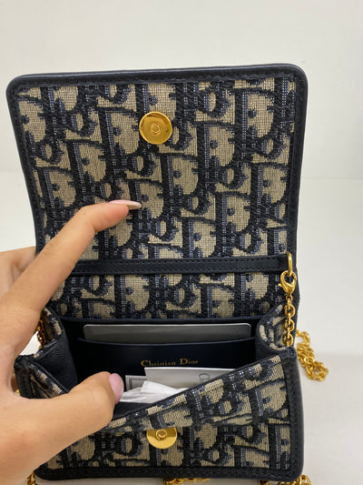 Dior Navy Blue Oblique Canvas Nano 30 Montaigne 2 in 1 Chain Pouch