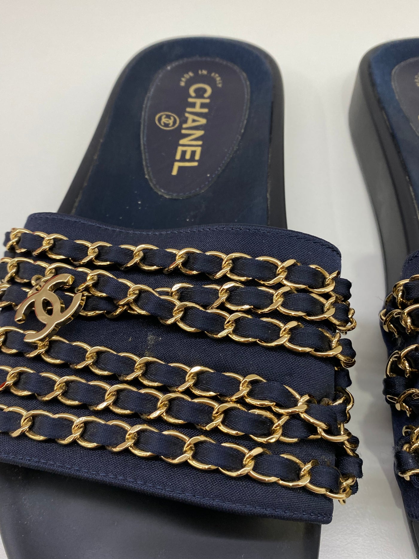 Chanel Navy Slides Gold Chains - Size 38