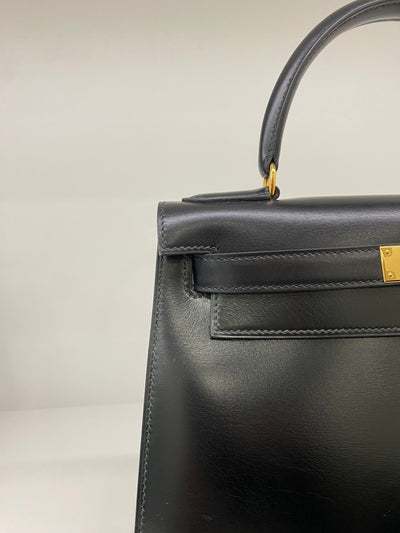 Hermes Kelly 28 Black Box Calf Sellier GHW Vintage