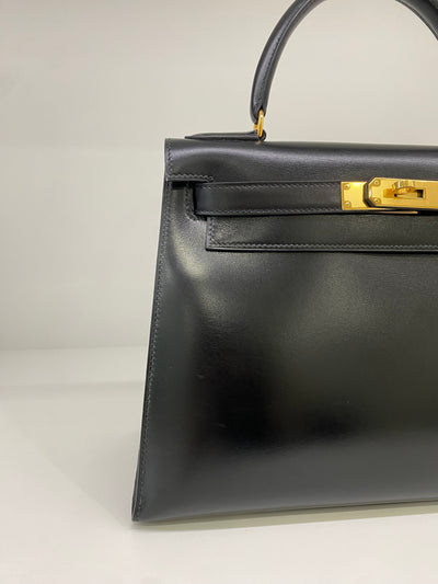 Hermes Kelly 28 Black Box Calf Sellier GHW Vintage