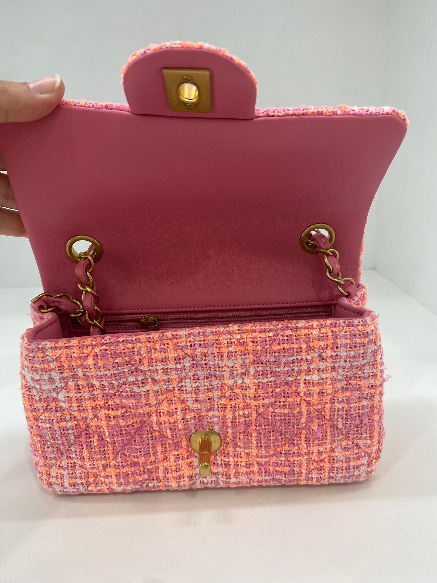 Chanel Mini Classic Flap Pink Tweed GHW (microchipped)