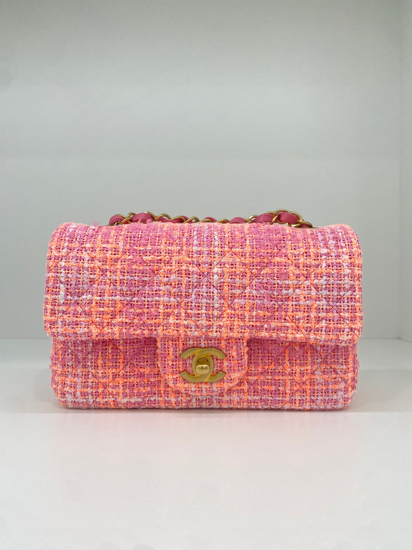 Chanel Mini Classic Flap Pink Tweed GHW (microchipped)