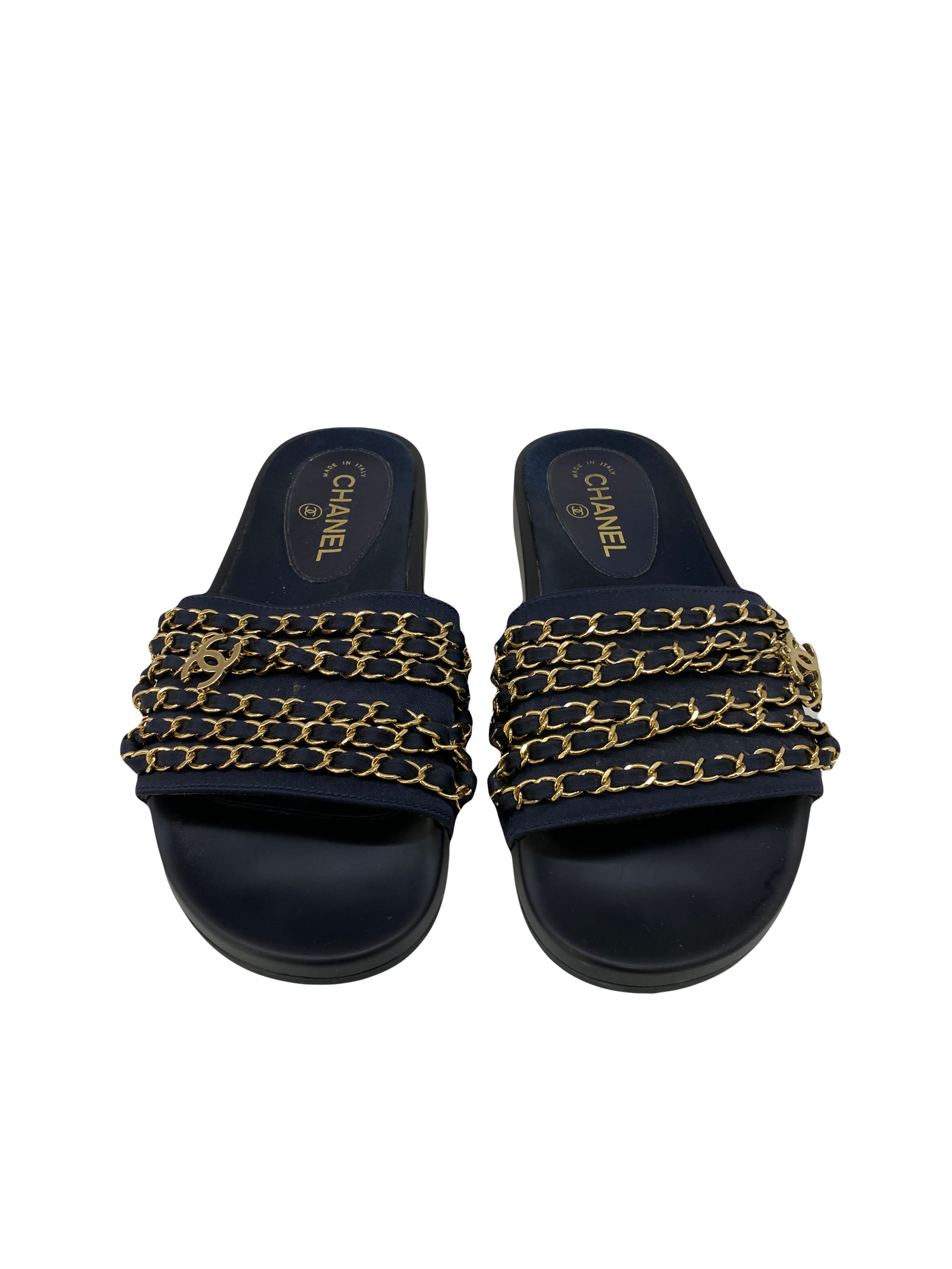 Chanel Navy Slides Gold Chains - Size 38