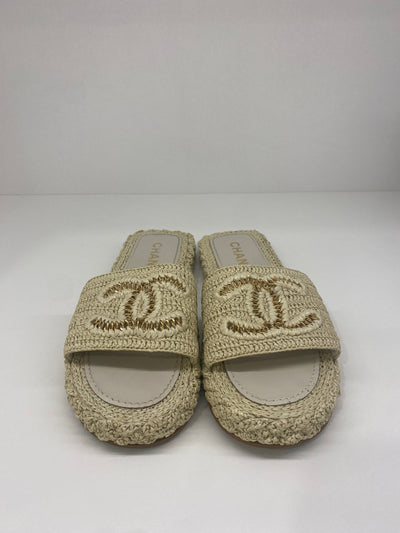 Chanel Beige Woven and Chain Slides Size 41 - SOLD